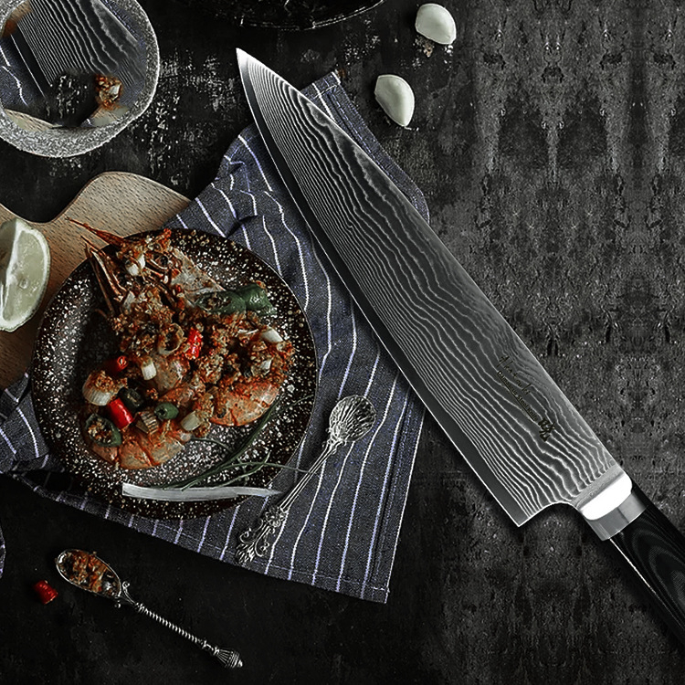 ORANGLES 8" Damascus VG10 Chef Knife – 67 Layers - angled perspective - presenting advantages - Image 4 of 4 | fits any environment | Purchase 8" Damascus VG10 Chef Knife – 67 Layers Michigan | Free Shipping ORANGLES