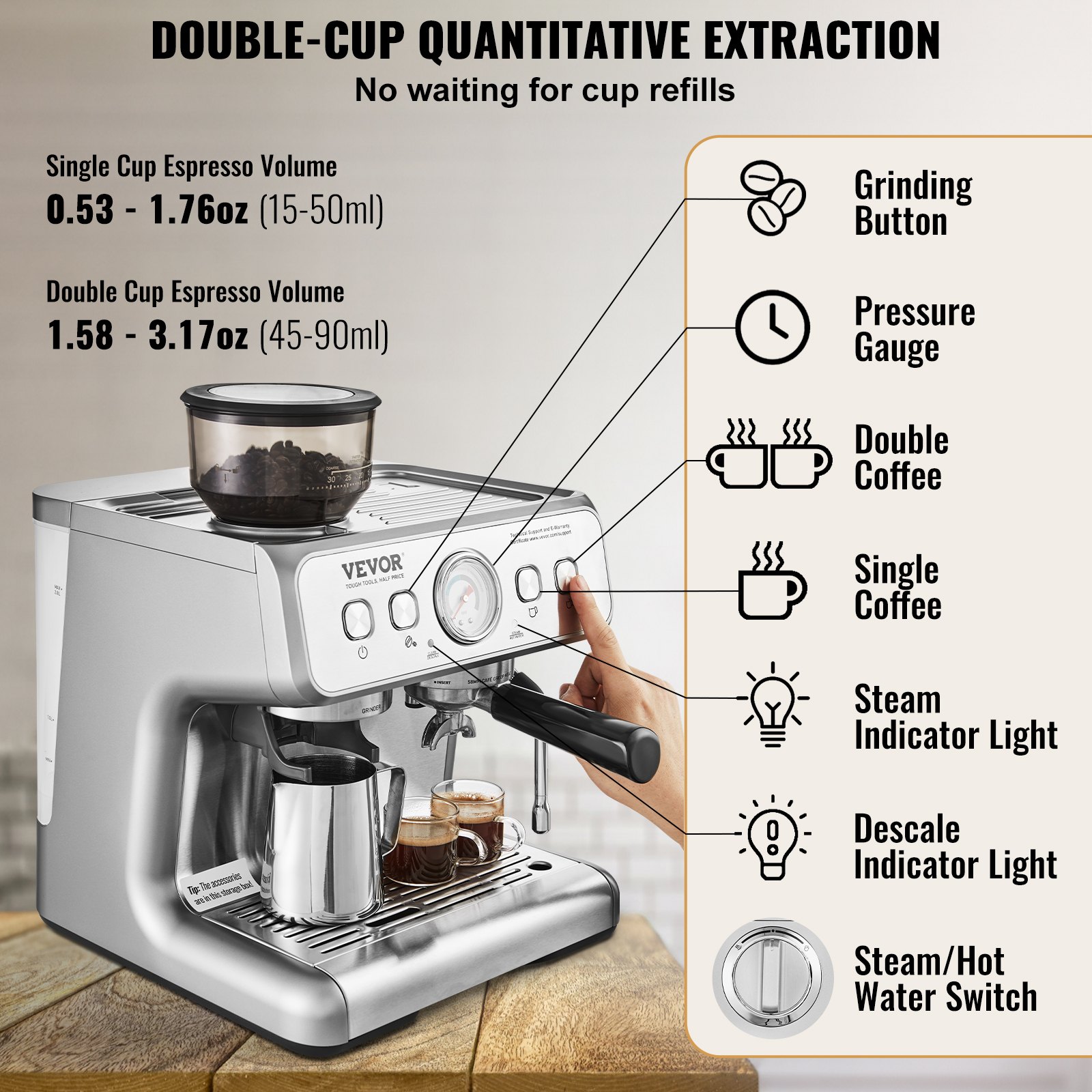 ORANGLES Espresso Machine with Grinder – 15 Bar Semi‑Automatic - angled perspective - presenting advantages - Image 4 of 4 | fits any environment | Purchase Espresso Machine with Grinder – 15 Bar Semi‑Automatic Michigan | Free Shipping ORANGLES
