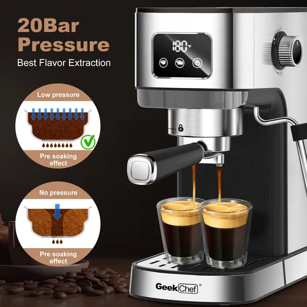 ORANGLES Geek Chef Espresso Machine – Compact Stainless Steel - detailed closeup view - illustrating benefits - Image 3 of 3 | created for all | Shop Geek Chef Espresso Machine – Compact Stainless Steel North Carolina | Free Shipping ORANGLES