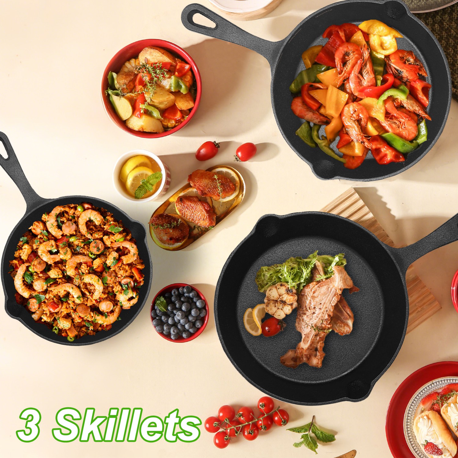 ORANGLES 3‑Piece Cast Iron Skillet Set – Oven Safe Nonstick - high resolution display - exposing craftsmanship - Image 2 of 5 | built for everyone | 3‑Piece Cast Iron Skillet Set – Oven Safe Nonstick for sale Georgia | Free Shipping ORANGLES