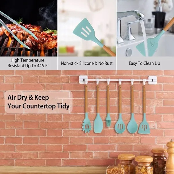 ORANGLES 11‑Piece Silicone Utensil Set – Wooden Handle Kitchenware - angled perspective - presenting advantages - Image 4 of 5 | fits any environment | Purchase 11‑Piece Silicone Utensil Set – Wooden Handle Kitchenware Michigan | Free Shipping ORANGLES