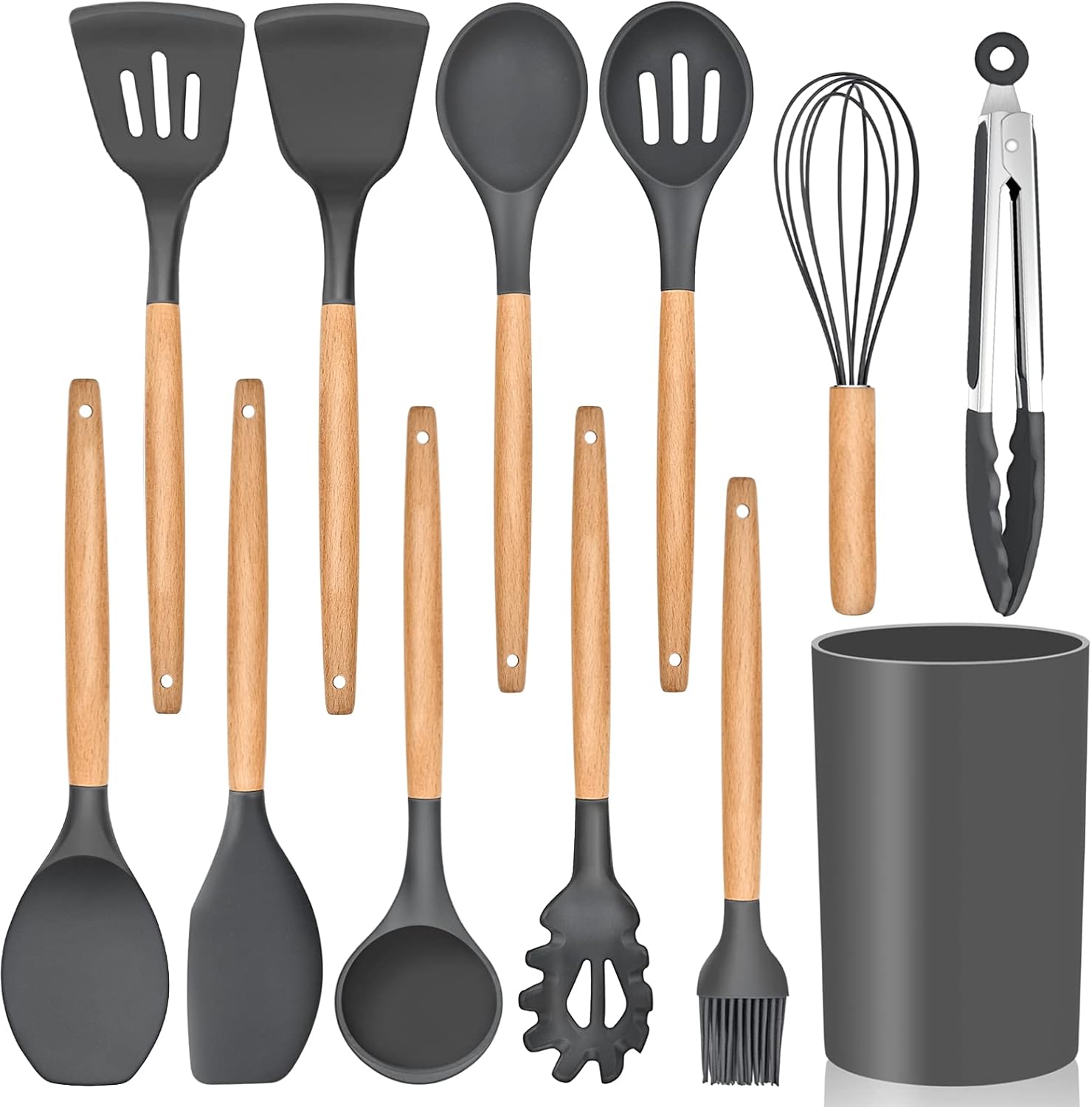 12‑Piece Silicone Utensil Set – Gray Wooden Handle