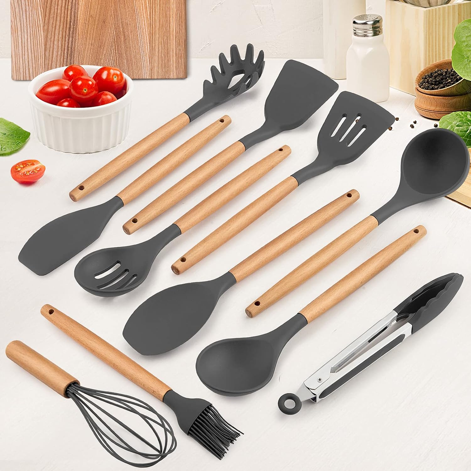 ORANGLES 12‑Piece Silicone Utensil Set – Gray Wooden Handle - high resolution display - exposing craftsmanship - Image 2 of 6 | built for everyone | 12‑Piece Silicone Utensil Set – Gray Wooden Handle for sale Georgia | Free Shipping ORANGLES