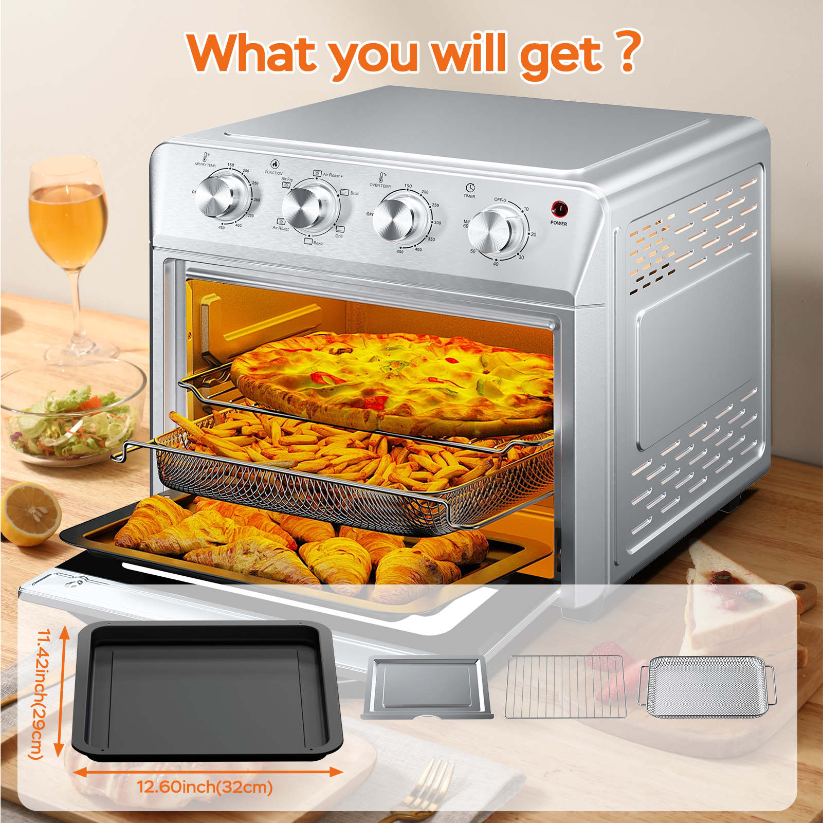 ORANGLES 27.5QT Air Fryer Oven Combo – 6 in 1 Countertop Convection Toaster - detailed closeup view - illustrating benefits - Image 3 of 5 | created for all | Shop 27.5QT Air Fryer Oven Combo – 6 in 1 Countertop Convection Toaster North Carolina | Free Shipping ORANGLES