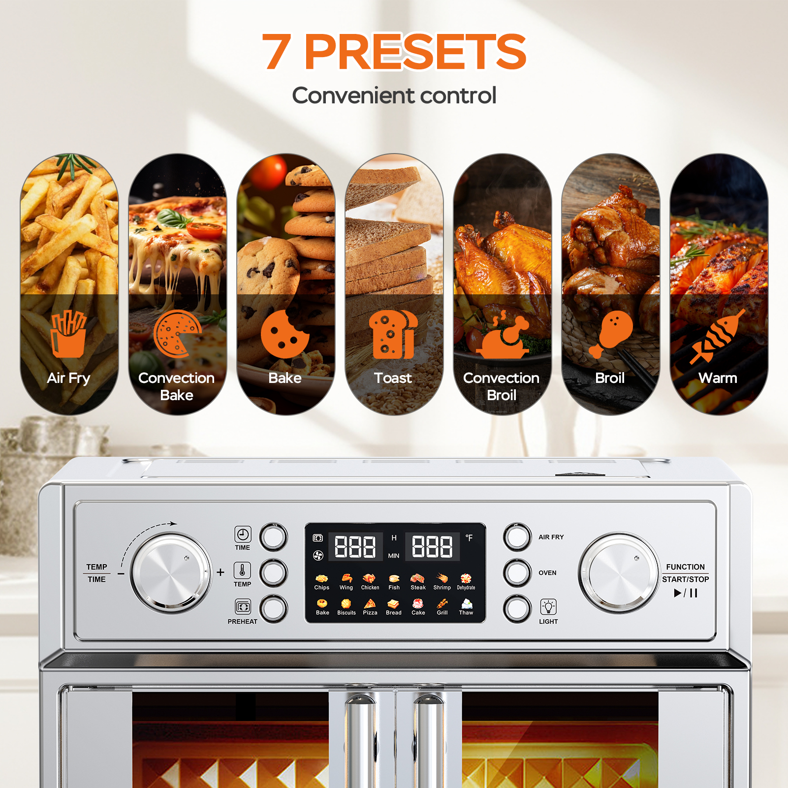 ORANGLES 29.5QT French Door Air Fryer Oven – 14 Preset Stainless Steel Combo - high resolution display - exposing craftsmanship - Image 2 of 6 | built for everyone | 29.5QT French Door Air Fryer Oven – 14 Preset Stainless Steel Combo for sale Georgia | Free Shipping ORANGLES