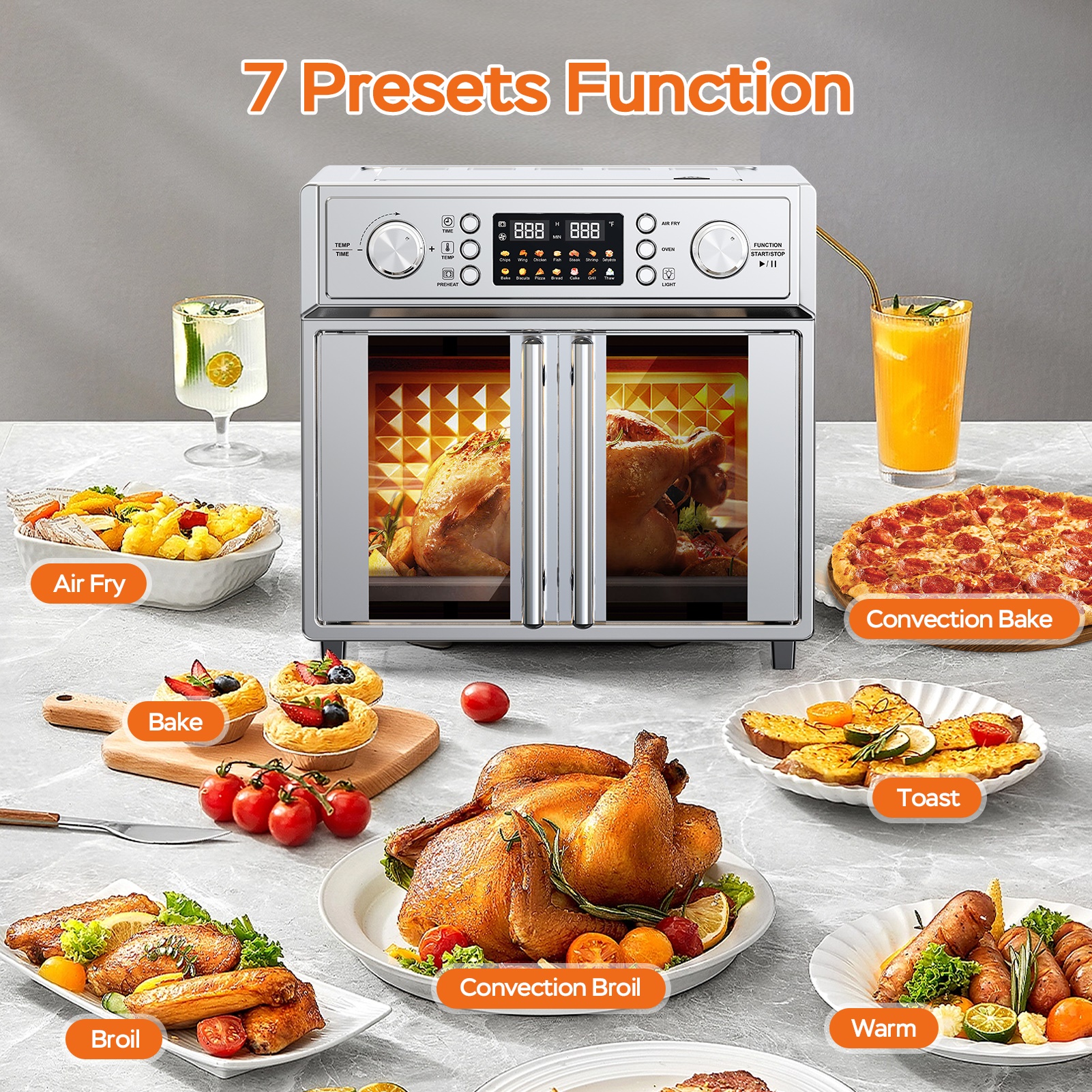 ORANGLES 29.5QT French Door Air Fryer Oven – 14 Preset Stainless Steel Combo - angled perspective - presenting advantages - Image 4 of 6 | fits any environment | Purchase 29.5QT French Door Air Fryer Oven – 14 Preset Stainless Steel Combo Michigan | Free Shipping ORANGLES