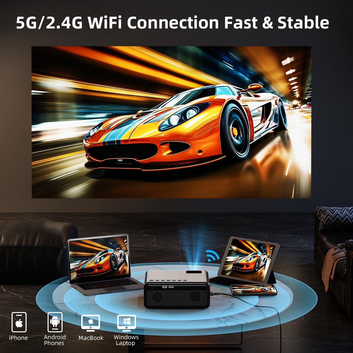 ORANGLES WiFi Bluetooth 5G Portable Projector With 4K Support - detailed closeup view - illustrating benefits - Image 3 of 6 | created for all | Shop WiFi Bluetooth 5G Portable Projector With 4K Support North Carolina | Free Shipping ORANGLES