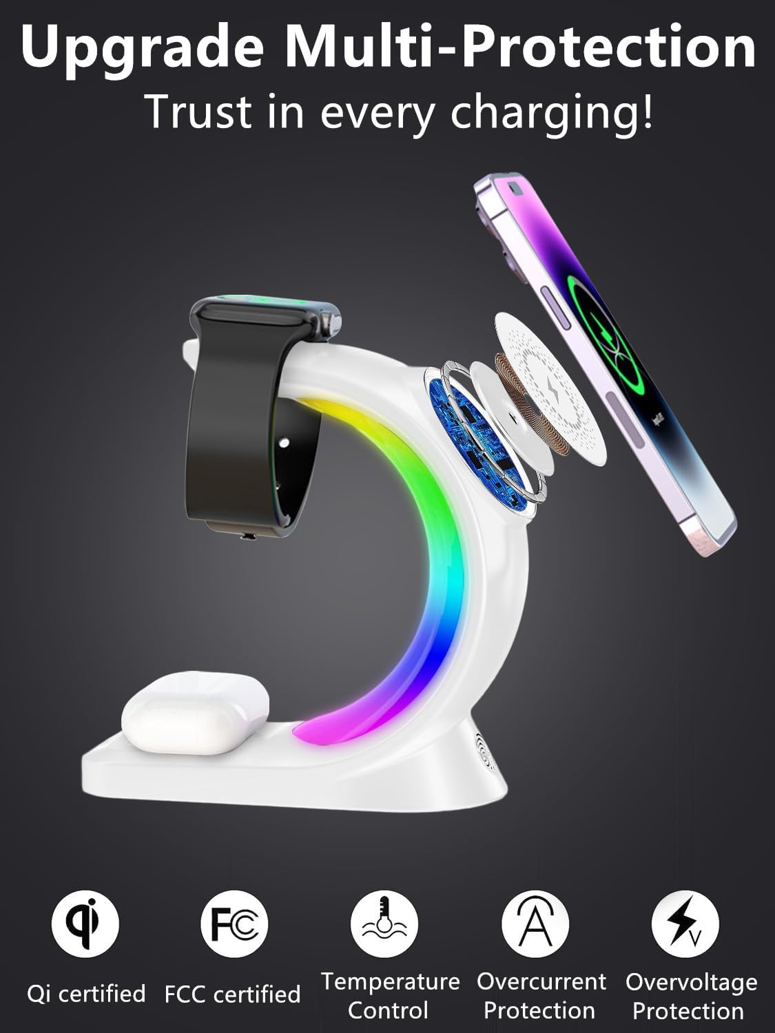 ORANGLES 4 In 1 Magnetic Wireless Charger Fast Charging Station For Smartphone AirPods iPhone Watch - elegant presentation - exhibiting components - Image 6 of 6 | ideal for home | Discount on 4 In 1 Magnetic Wireless Charger Fast Charging Station For Smartphone AirPods iPhone Watch Virginia | Free Shipping ORANGLES