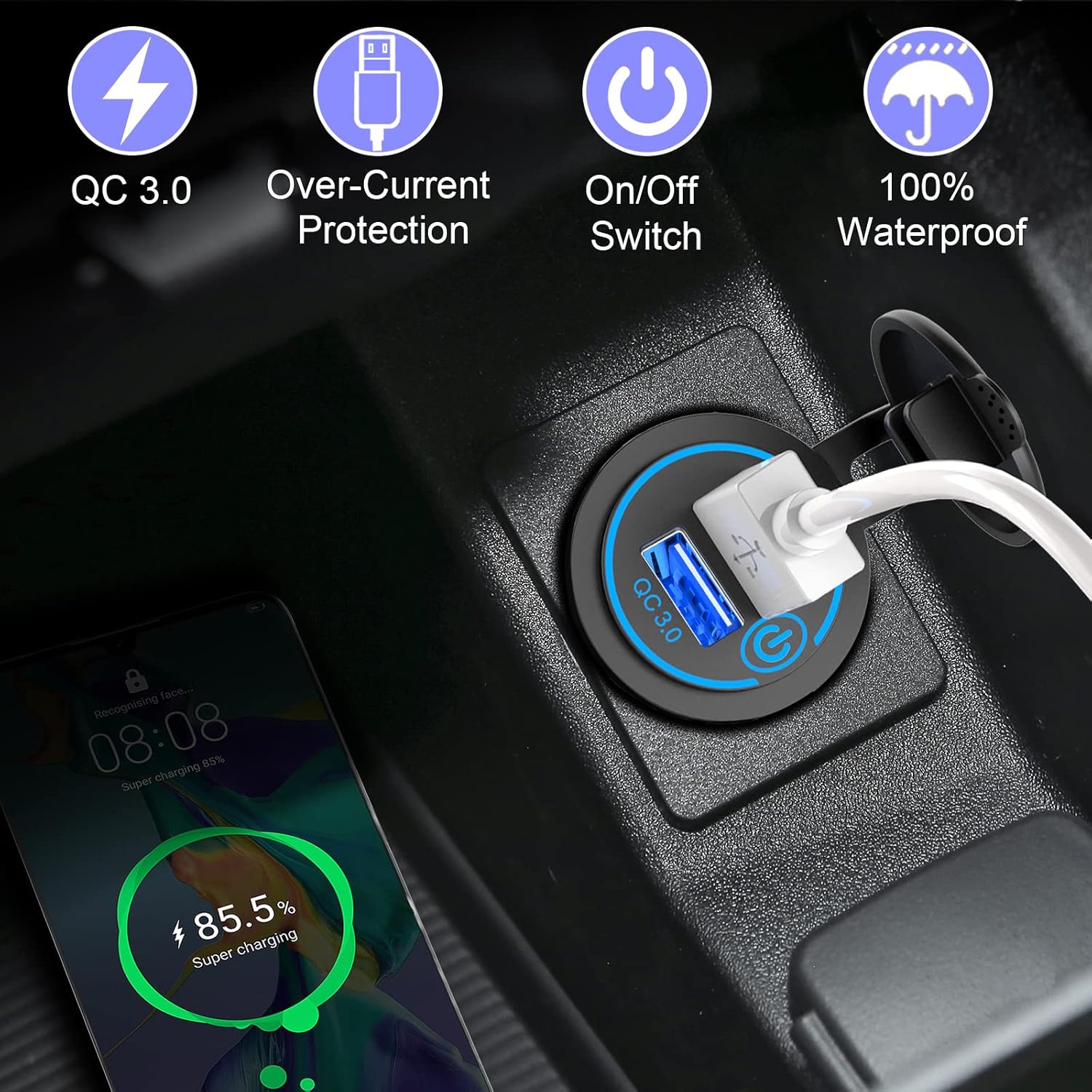 ORANGLES Car Charger Motorcycle & Boat Dual Fast Charge Adapter - detailed closeup view - illustrating benefits - Image 3 of 6 | created for all | Shop Car Charger Motorcycle & Boat Dual Fast Charge Adapter North Carolina | Free Shipping ORANGLES