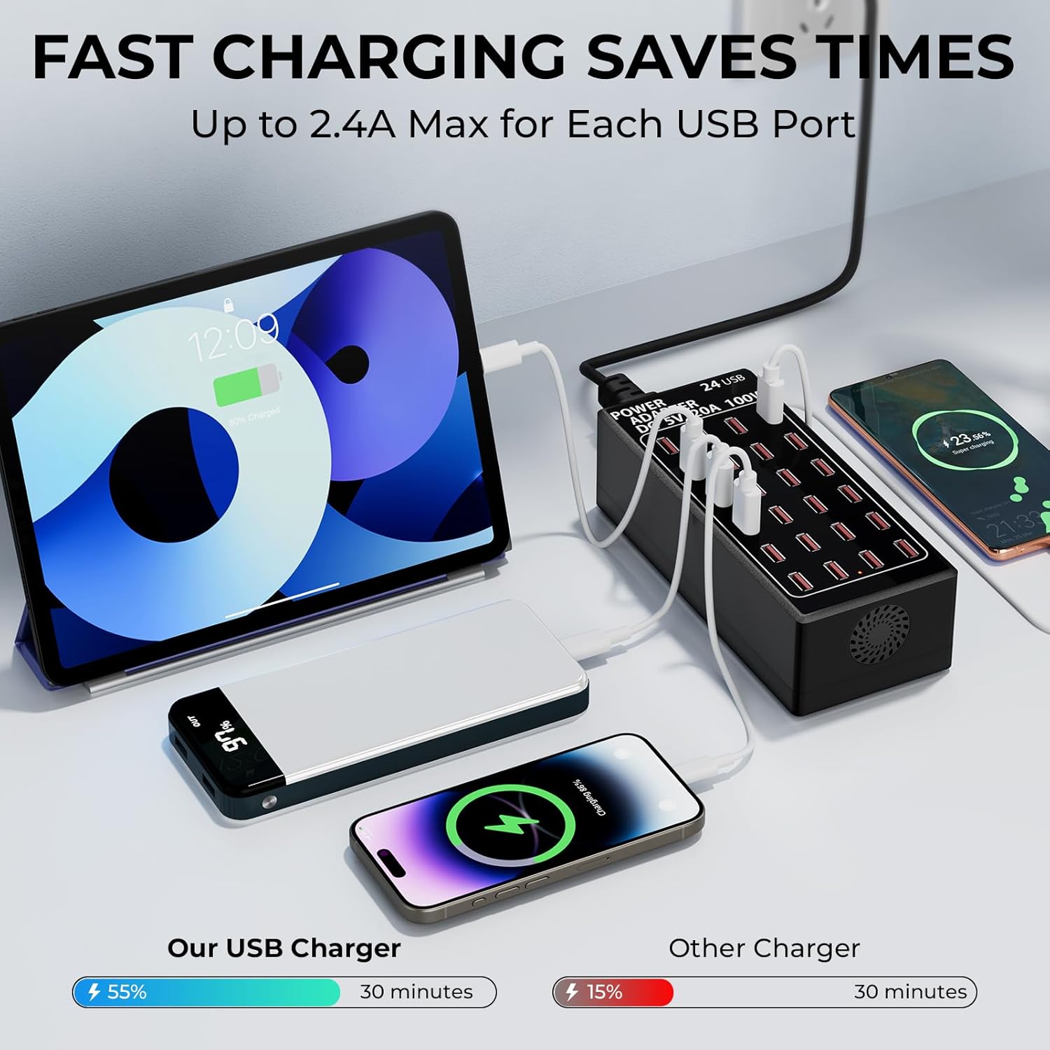 ORANGLES USB Charger Fast Charging 24‑Port Multi‑Device Power Hub - detailed closeup view - illustrating benefits - Image 3 of 6 | created for all | Shop USB Charger Fast Charging 24‑Port Multi‑Device Power Hub North Carolina | Free Shipping ORANGLES
