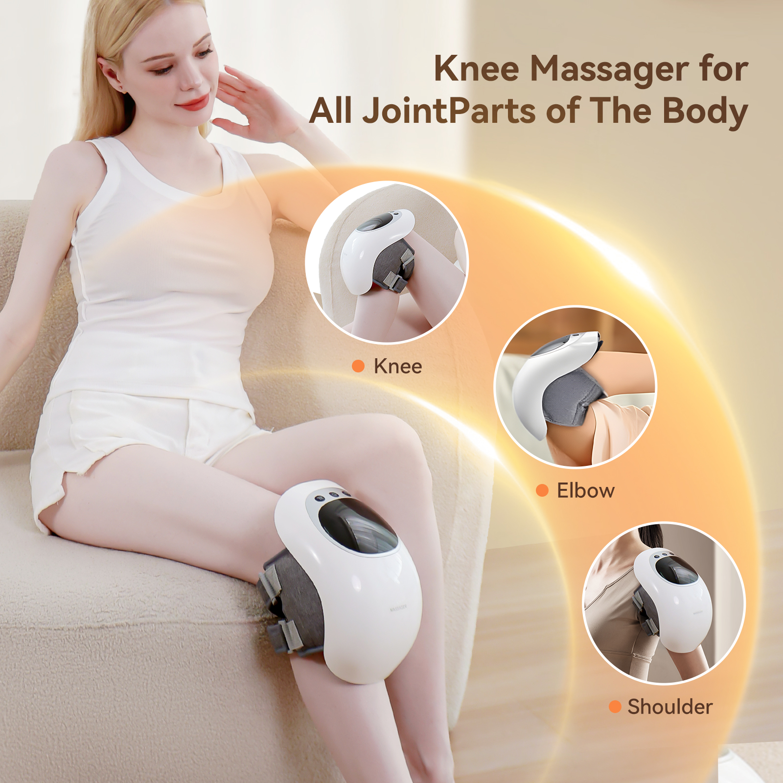 ORANGLES Knee Massager Wireless LED Heat and Vibration Therapy for Pain Relief and Joint Support - detailed closeup view - illustrating benefits - Image 3 of 6 | created for all | Shop Knee Massager Wireless LED Heat and Vibration Therapy for Pain Relief and Joint Support North Carolina | Free Shipping ORANGLES
