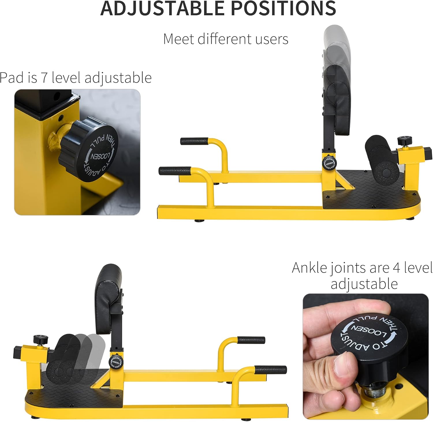 ORANGLES Push Up Machine 3‑in‑1 Padded Sit Up and Sissy Squat Trainer for Home Gym (Yellow) - detailed closeup view - illustrating benefits - Image 3 of 6 | created for all | Shop Push Up Machine 3‑in‑1 Padded Sit Up and Sissy Squat Trainer for Home Gym (Yellow) North Carolina | Free Shipping ORANGLES