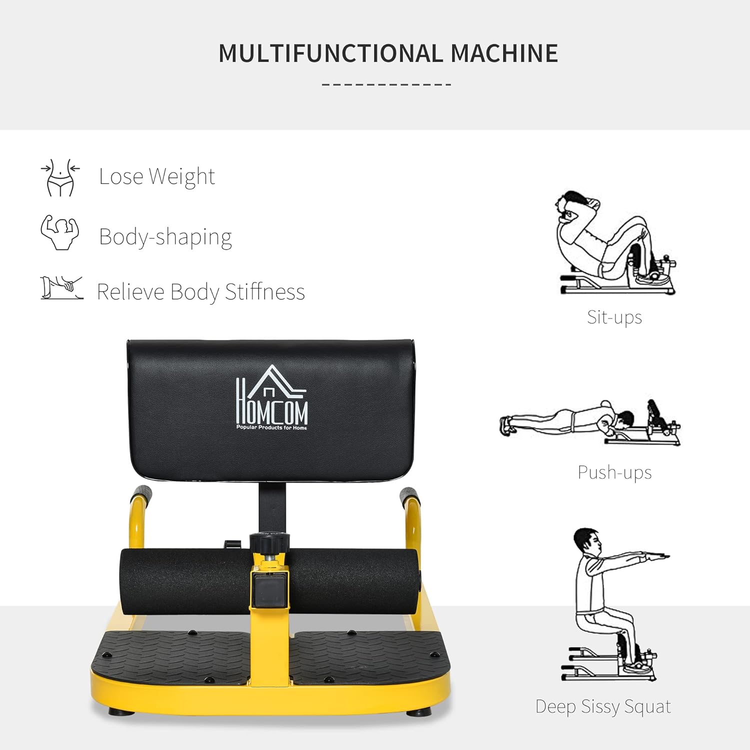 ORANGLES Push Up Machine 3‑in‑1 Padded Sit Up and Sissy Squat Trainer for Home Gym (Yellow) - full product showcase - displaying specifications - Image 5 of 6 | adapts to any space | Push Up Machine 3‑in‑1 Padded Sit Up and Sissy Squat Trainer for Home Gym (Yellow) deal New Jersey | Free Shipping ORANGLES