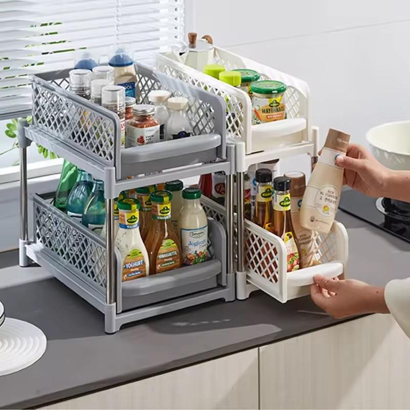 ORANGLES 2‑Tier Sliding Cabinet Basket Organizer – Mesh Drawer Storage Solution for Kitchen & Bathroom - detailed closeup view - illustrating benefits - Image 3 of 4 | created for all | Shop 2‑Tier Sliding Cabinet Basket Organizer – Mesh Drawer Storage Solution for Kitchen & Bathroom North Carolina | Free Shipping ORANGLES