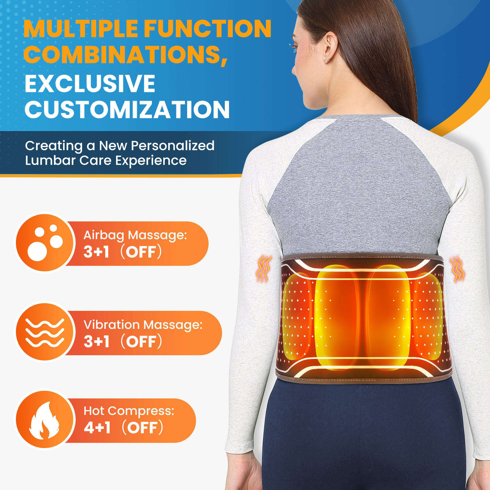 ORANGLES Back Massager Eveekon Heated Vibration Brace Lumbar Traction Waist Support - angled perspective - presenting advantages - Image 4 of 5 | fits any environment | Purchase Back Massager Eveekon Heated Vibration Brace Lumbar Traction Waist Support Michigan | Free Shipping ORANGLES