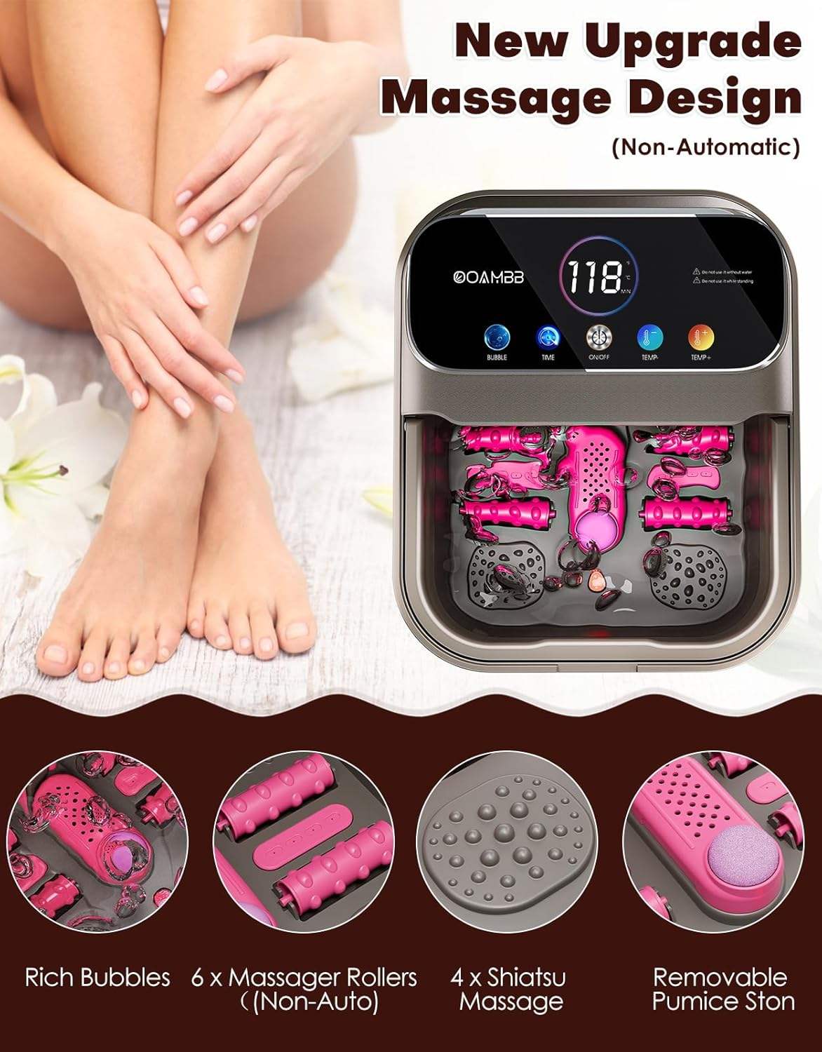 ORANGLES Foot Spa Massager Collapsible Bubble Heat Touch Screen with 6 Rollers for Relaxation - detailed closeup view - illustrating benefits - Image 3 of 5 | created for all | Shop Foot Spa Massager Collapsible Bubble Heat Touch Screen with 6 Rollers for Relaxation North Carolina | Free Shipping ORANGLES