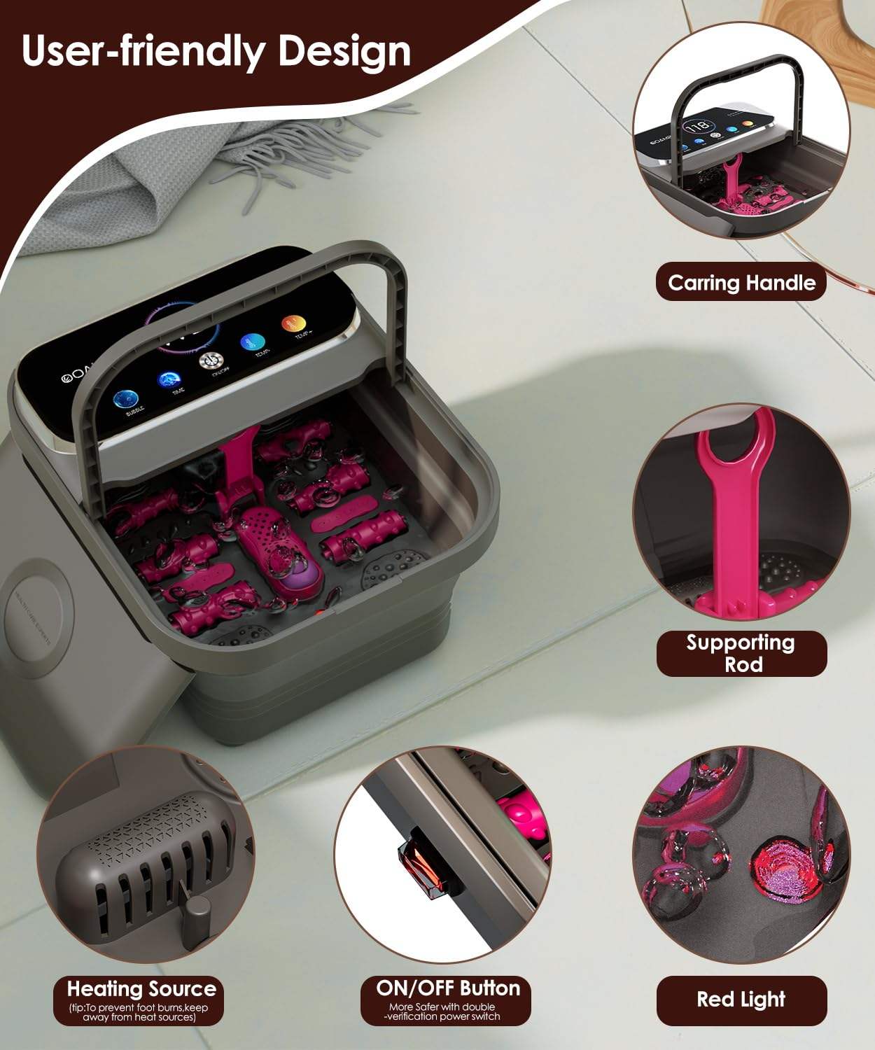 ORANGLES Foot Spa Massager Collapsible Bubble Heat Touch Screen with 6 Rollers for Relaxation - full product showcase - displaying specifications - Image 5 of 5 | adapts to any space | Foot Spa Massager Collapsible Bubble Heat Touch Screen with 6 Rollers for Relaxation deal New Jersey | Free Shipping ORANGLES