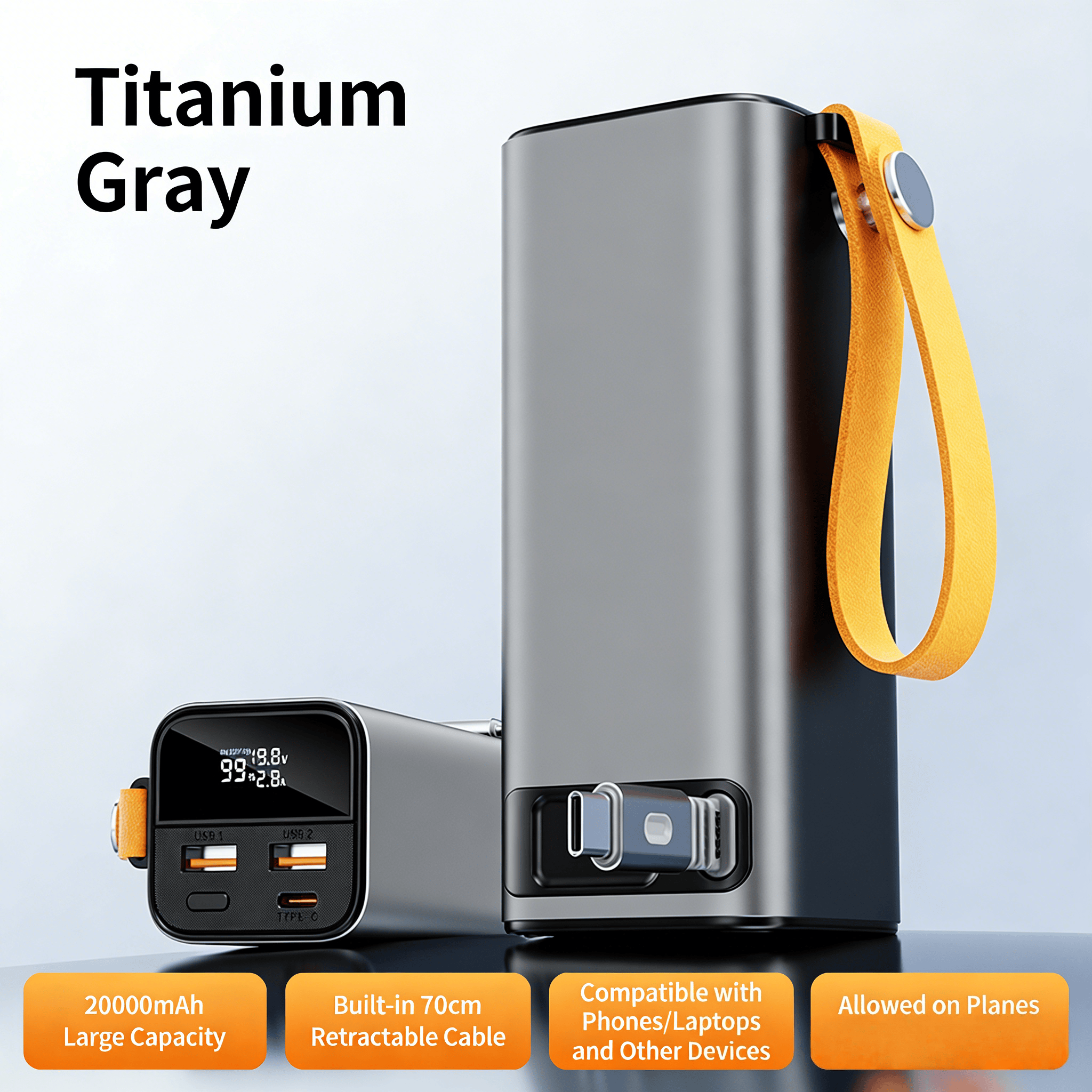 ORANGLES 65W Camping Power Bank – 20000mAh Fast Charging with Built‑in Cable - angled perspective - presenting advantages - Image 4 of 6 | fits any environment | Purchase 65W Camping Power Bank – 20000mAh Fast Charging with Built‑in Cable Michigan | Free Shipping ORANGLES