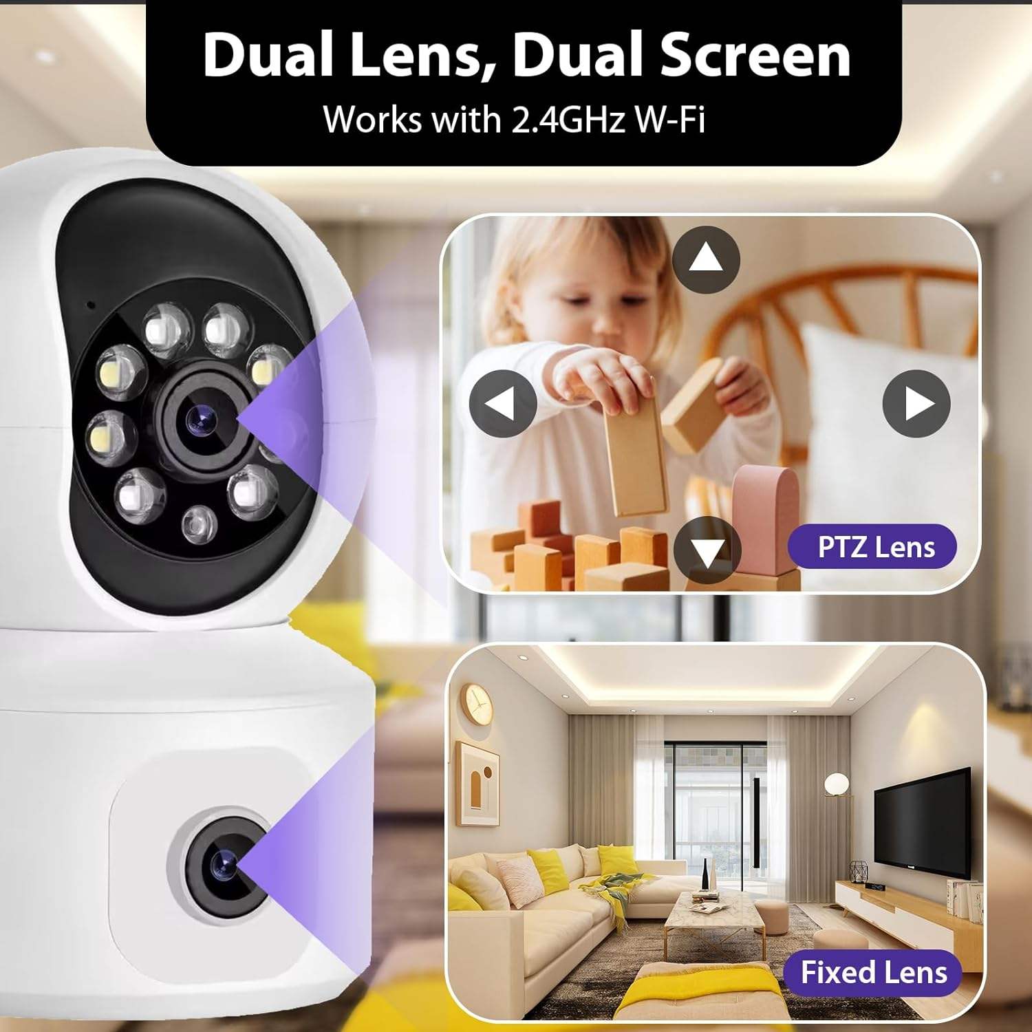 ORANGLES 4MP Dual Lens WiFi Indoor PTZ Camera – Smart Home CCTV with Two‑Way Audio & Auto Tracking - detailed closeup view - illustrating benefits - Image 3 of 6 | created for all | Shop 4MP Dual Lens WiFi Indoor PTZ Camera – Smart Home CCTV with Two‑Way Audio & Auto Tracking North Carolina | Free Shipping ORANGLES
