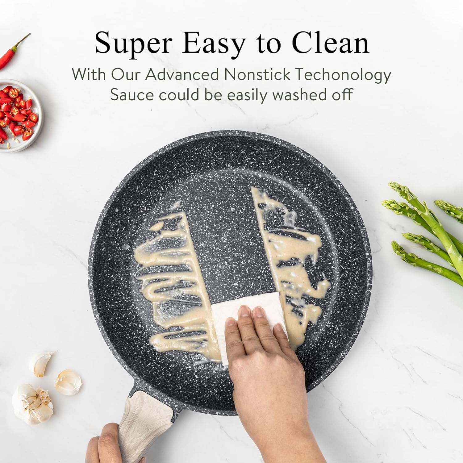 ORANGLES Non Stick Pots and Pan Set | Granite Induction Cookware with Black Finish - detailed closeup view - illustrating benefits - Image 3 of 5 | created for all | Shop Non Stick Pots and Pan Set | Granite Induction Cookware with Black Finish North Carolina | Free Shipping ORANGLES