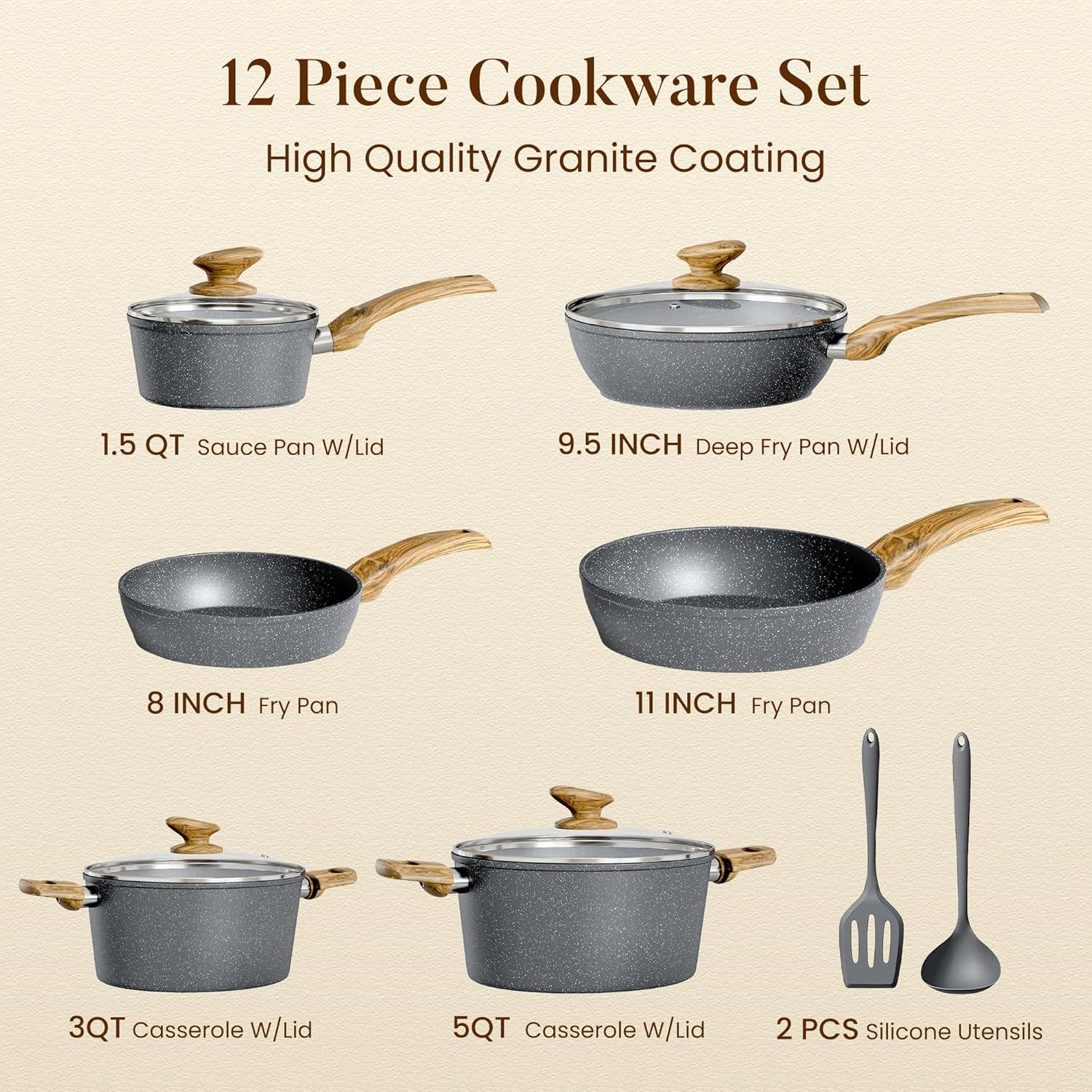 ORANGLES Cookware Sets Cooking Pots | 9‑Piece Non‑Stick Aluminum Alloy with Wooden Handles - elegant presentation - exhibiting components - Image 6 of 6 | ideal for home | Discount on Cookware Sets Cooking Pots | 9‑Piece Non‑Stick Aluminum Alloy with Wooden Handles Virginia | Free Shipping ORANGLES