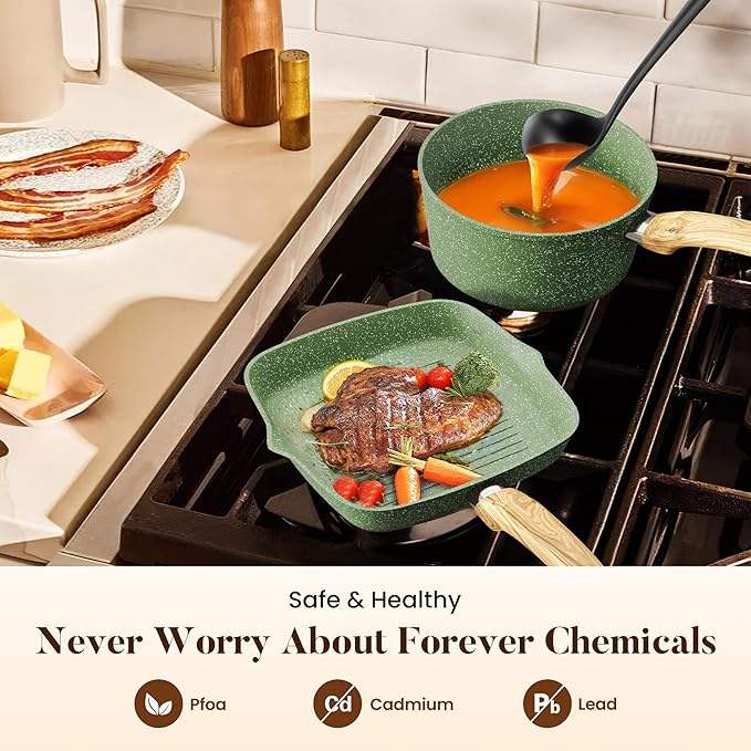 ORANGLES Best Pots and Pans Set | 17‑Piece Granite Non‑Stick Induction Kitchen Collection - detailed closeup view - illustrating benefits - Image 3 of 5 | created for all | Shop Best Pots and Pans Set | 17‑Piece Granite Non‑Stick Induction Kitchen Collection North Carolina | Free Shipping ORANGLES