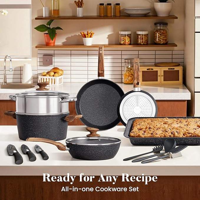 ORANGLES Nonstick Cookware Set | 30‑Piece Granite Black Aluminum Cooking Collection - angled perspective - presenting advantages - Image 4 of 5 | fits any environment | Purchase Nonstick Cookware Set | 30‑Piece Granite Black Aluminum Cooking Collection Michigan | Free Shipping ORANGLES