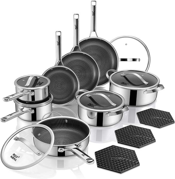 Stainless Steel Cookware Set | 17‑Piece Hybrid Non‑Stick Silver Collection