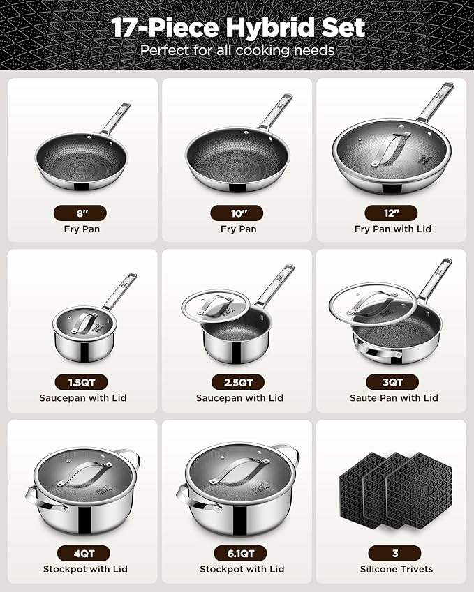 ORANGLES Stainless Steel Cookware Set | 17‑Piece Hybrid Non‑Stick Silver Collection - high resolution display - exposing craftsmanship - Image 2 of 6 | built for everyone | Stainless Steel Cookware Set | 17‑Piece Hybrid Non‑Stick Silver Collection for sale Georgia | Free Shipping ORANGLES