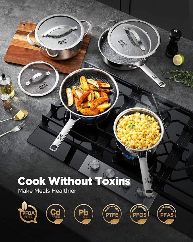 ORANGLES Stainless Steel Cookware Set | 17‑Piece Hybrid Non‑Stick Silver Collection - detailed closeup view - illustrating benefits - Image 3 of 6 | created for all | Shop Stainless Steel Cookware Set | 17‑Piece Hybrid Non‑Stick Silver Collection North Carolina | Free Shipping ORANGLES