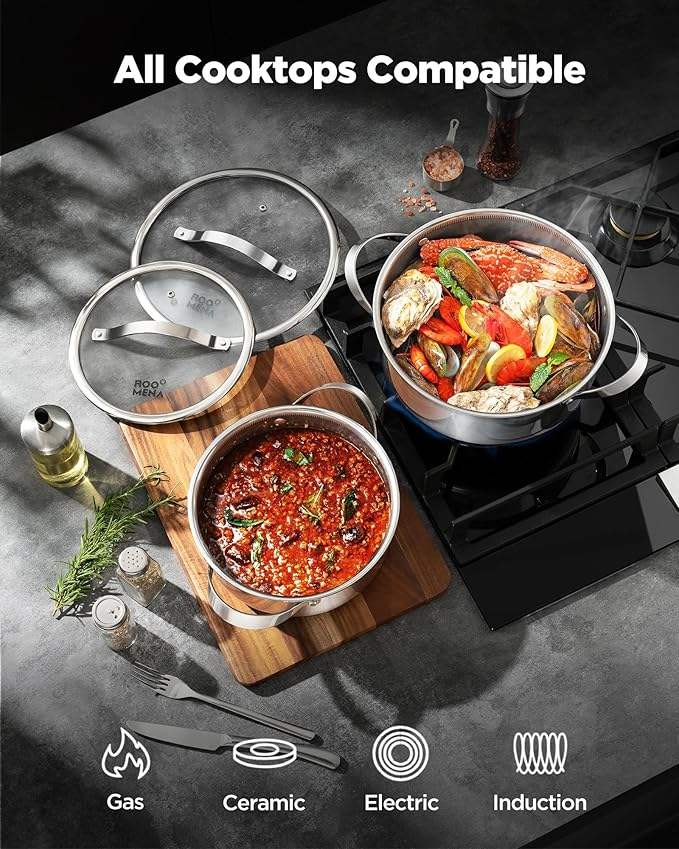 ORANGLES Stainless Steel Cookware Set | 17‑Piece Hybrid Non‑Stick Silver Collection - full product showcase - displaying specifications - Image 5 of 6 | adapts to any space | Stainless Steel Cookware Set | 17‑Piece Hybrid Non‑Stick Silver Collection deal New Jersey | Free Shipping ORANGLES