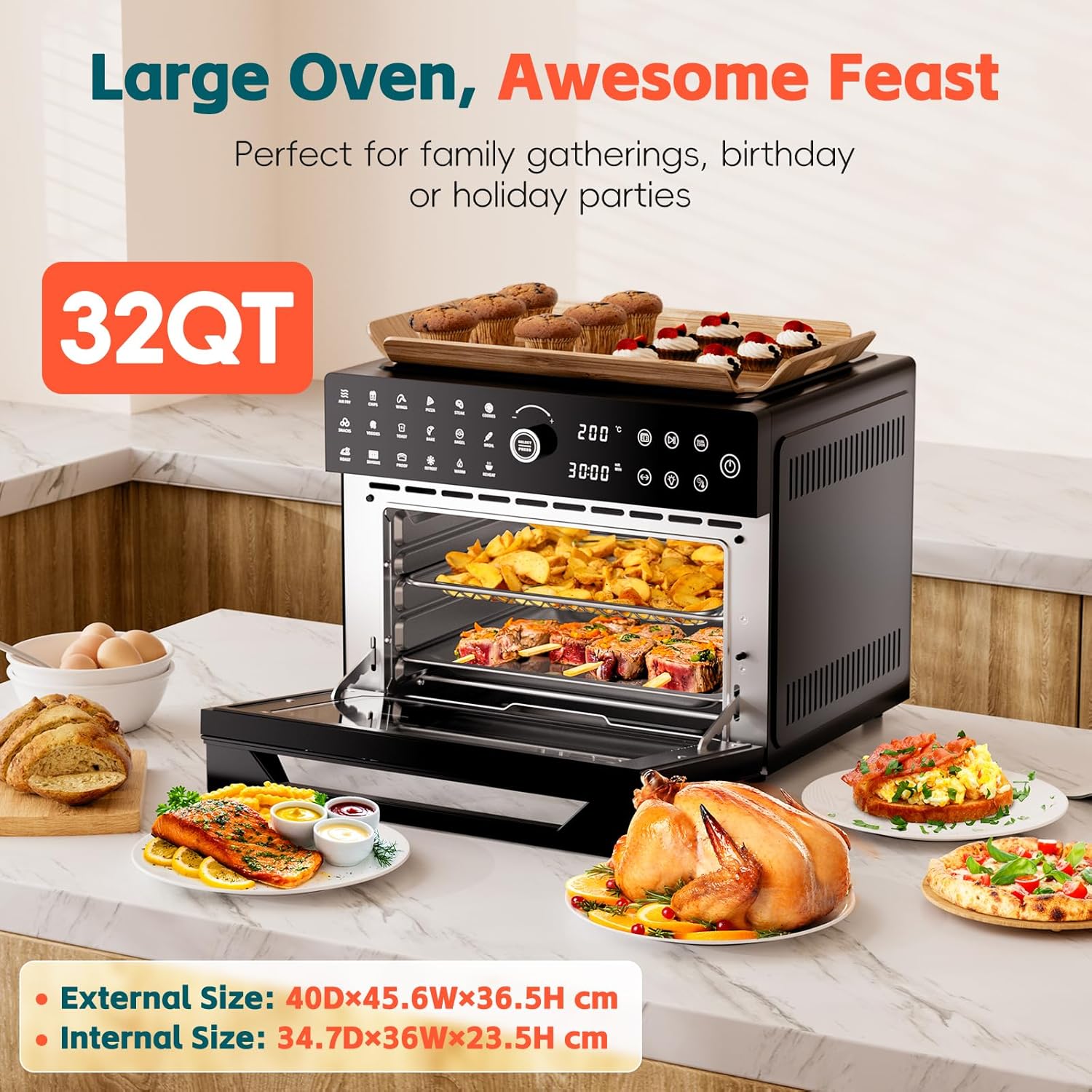 ORANGLES Toaster Oven Air Fryer Combo 32QT 18‑in‑1 Convection - detailed closeup view - illustrating benefits - Image 3 of 6 | created for all | Shop Toaster Oven Air Fryer Combo 32QT 18‑in‑1 Convection North Carolina | Free Shipping ORANGLES